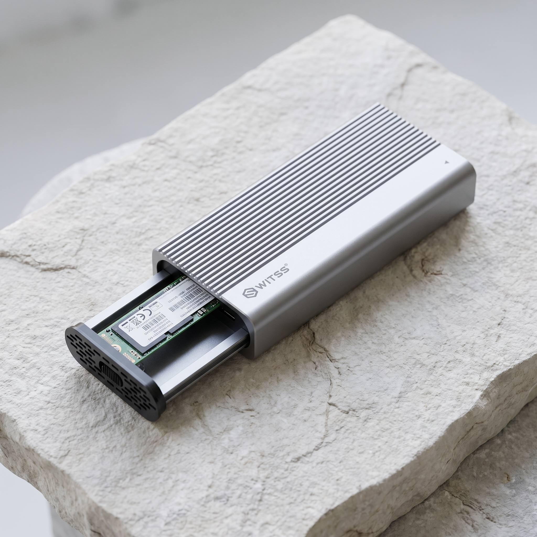 Switss® M.2 SSD-behuizing met SSD-kaart op natuursteen