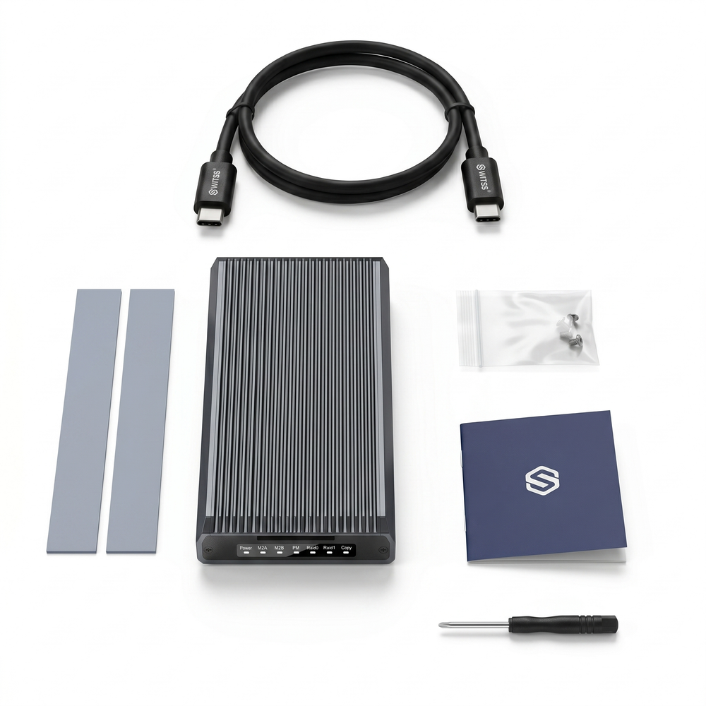 Packaging box of the Switss® RAID Dual-Bay M.2 SSD enclosure