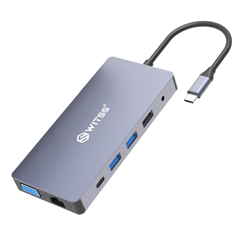 Switss® 12-in-1 USB-C hub met USB-C-kabel: twee HDMI, VGA, ethernet, USB-A, USB-C, kaartlezers en 3,5 mm audio