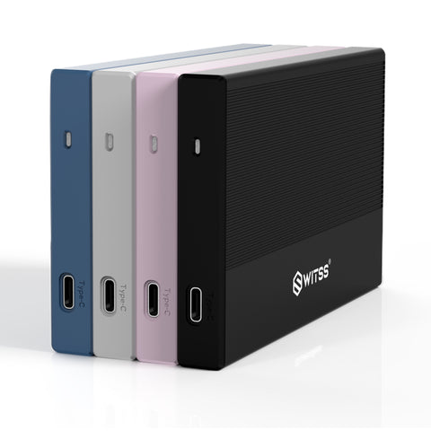 Switss® 2,5 inch HDD/SSD-behuizing in vier kleuren: blauw, zilver, roze en zwart, rechtop met de USB-C-poort zichtbaar