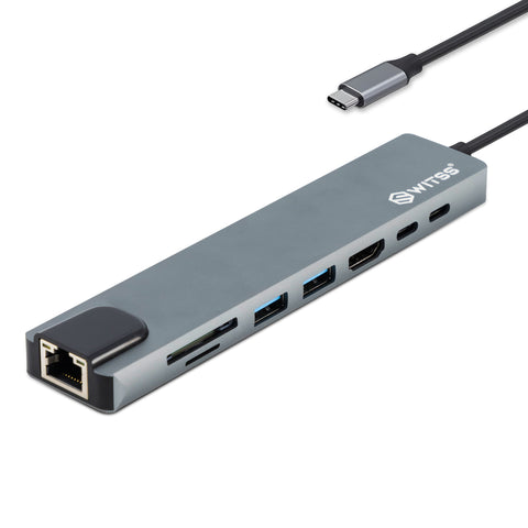 Switss® 8-in-1 USB-C hub met USB-C-kabel: HDMI, gigabit ethernet, twee USB-A, USB-C, power delivery en SD- en microSD-kaartlezers