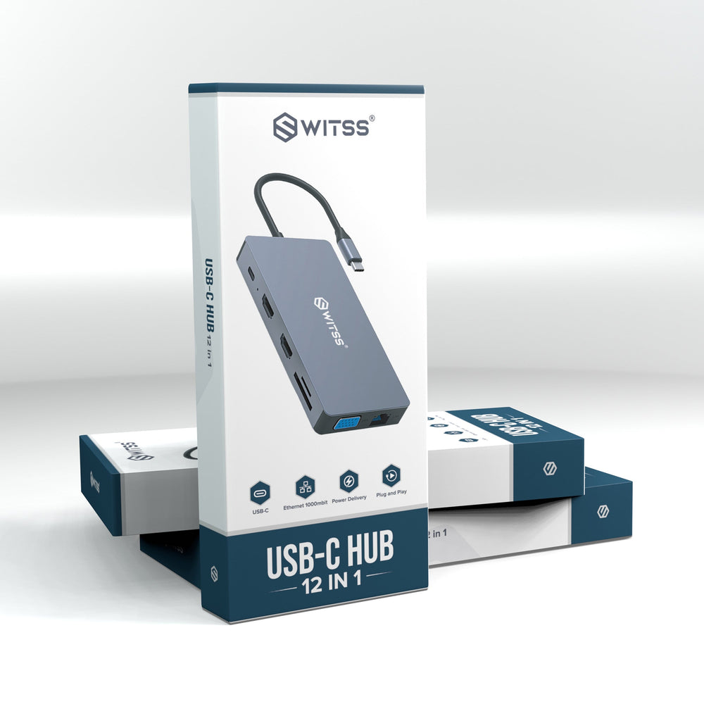 Switss® 12-in-1 USB-C hub in silver aluminium, top view