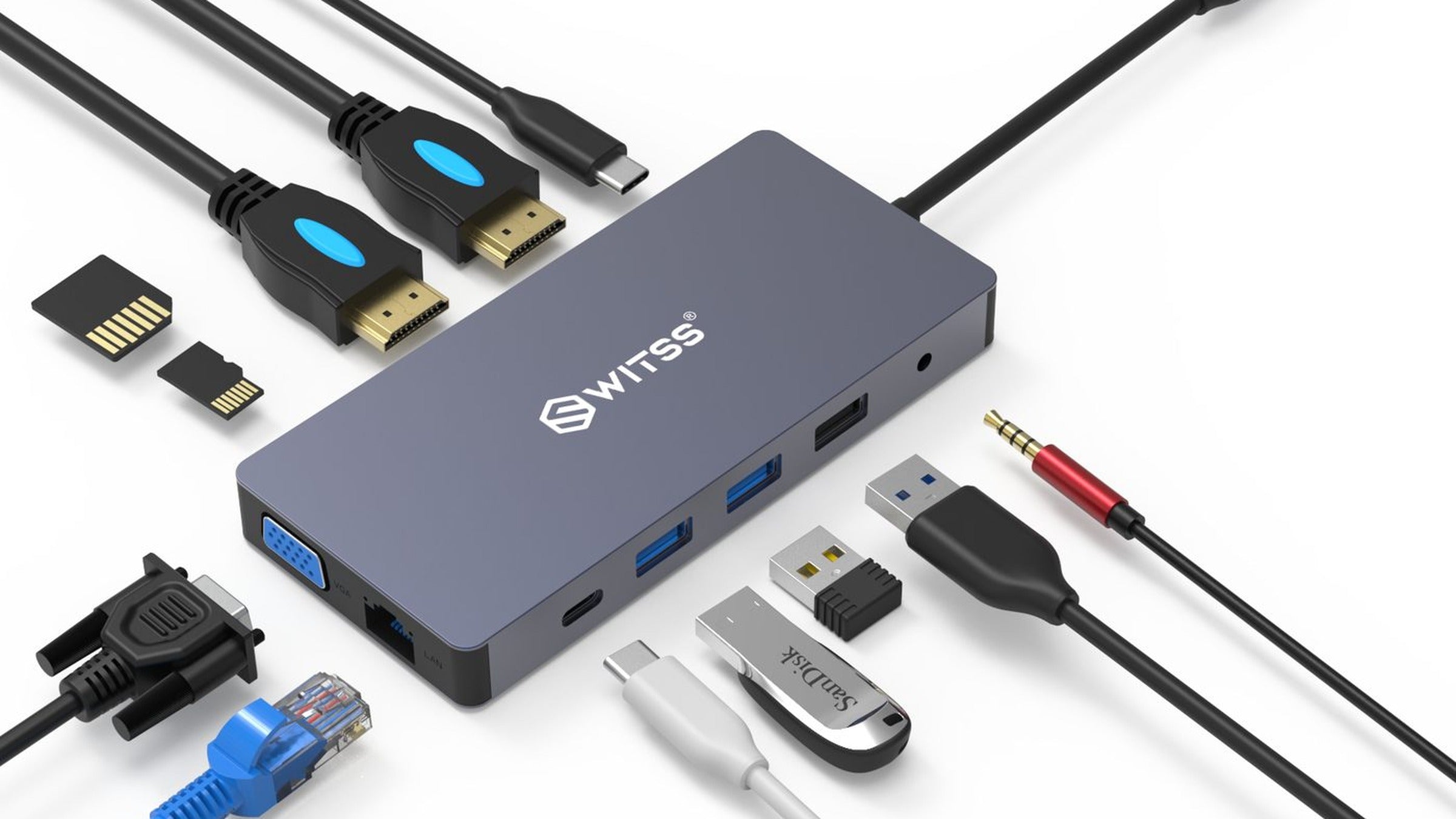 Switss® 12-in-1 USB-C hub, silver aluminium, studio shot