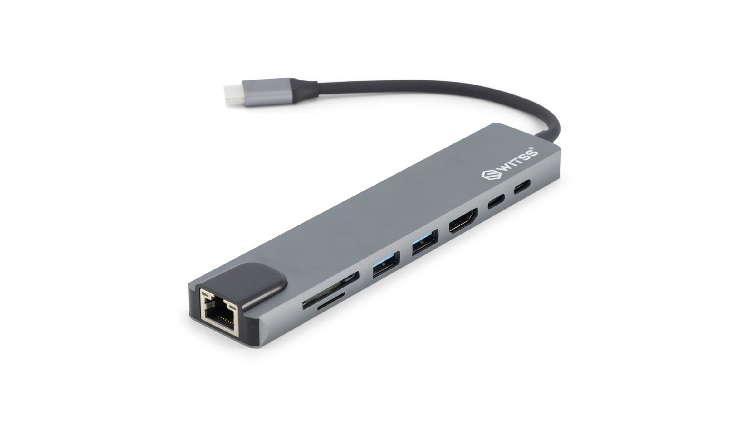 Switss® 8-in-1 USB-C hub met zichtbare poorten, studio-opname