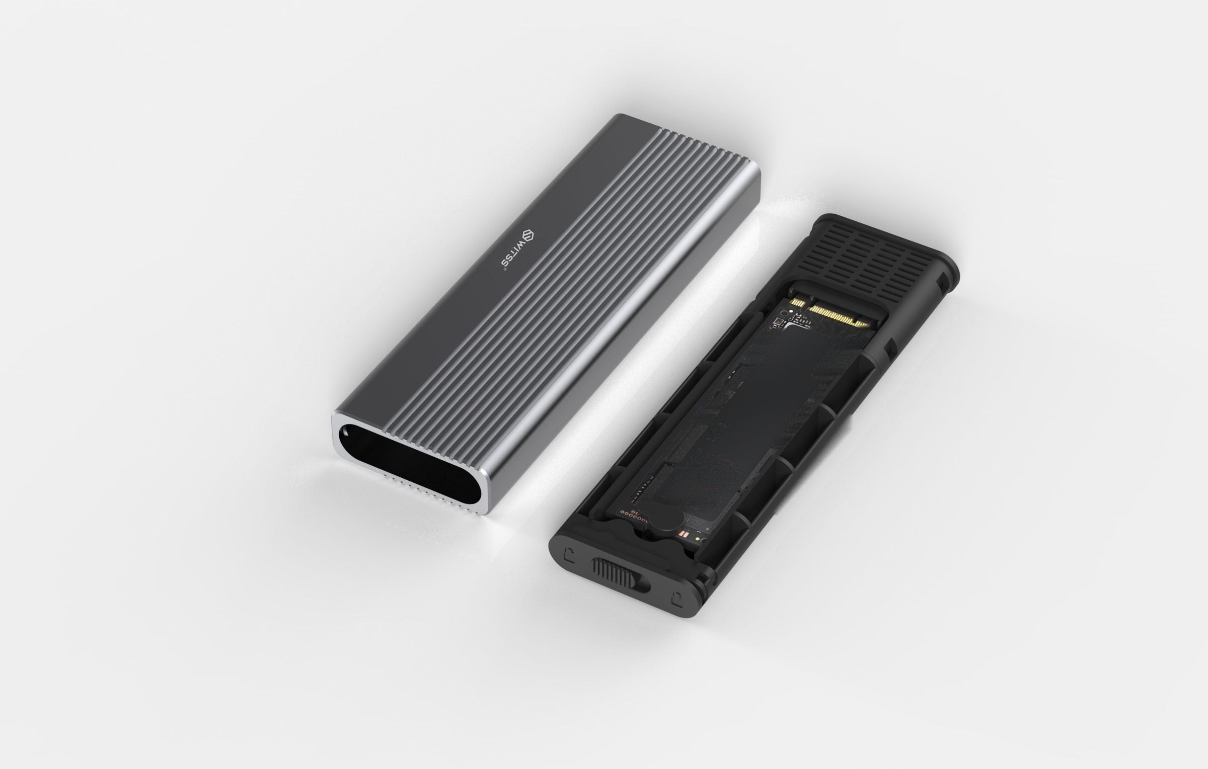 Switss® M.2 SSD enclosure, aluminium with cooling fins, studio shot