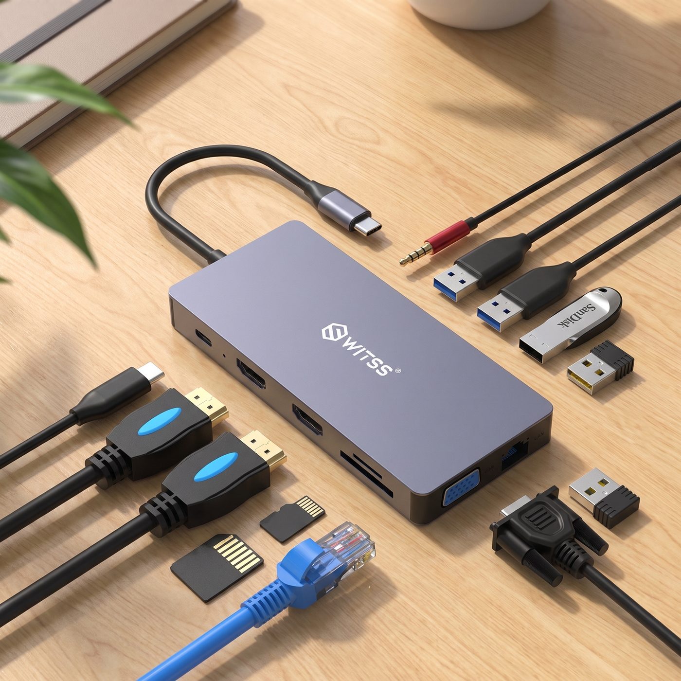 Switss® 12-in-1 hub on a wooden desk with all the loose accessories beside it: HDMI cables, SD and microSD card, USB stick, aux cable and LAN cable