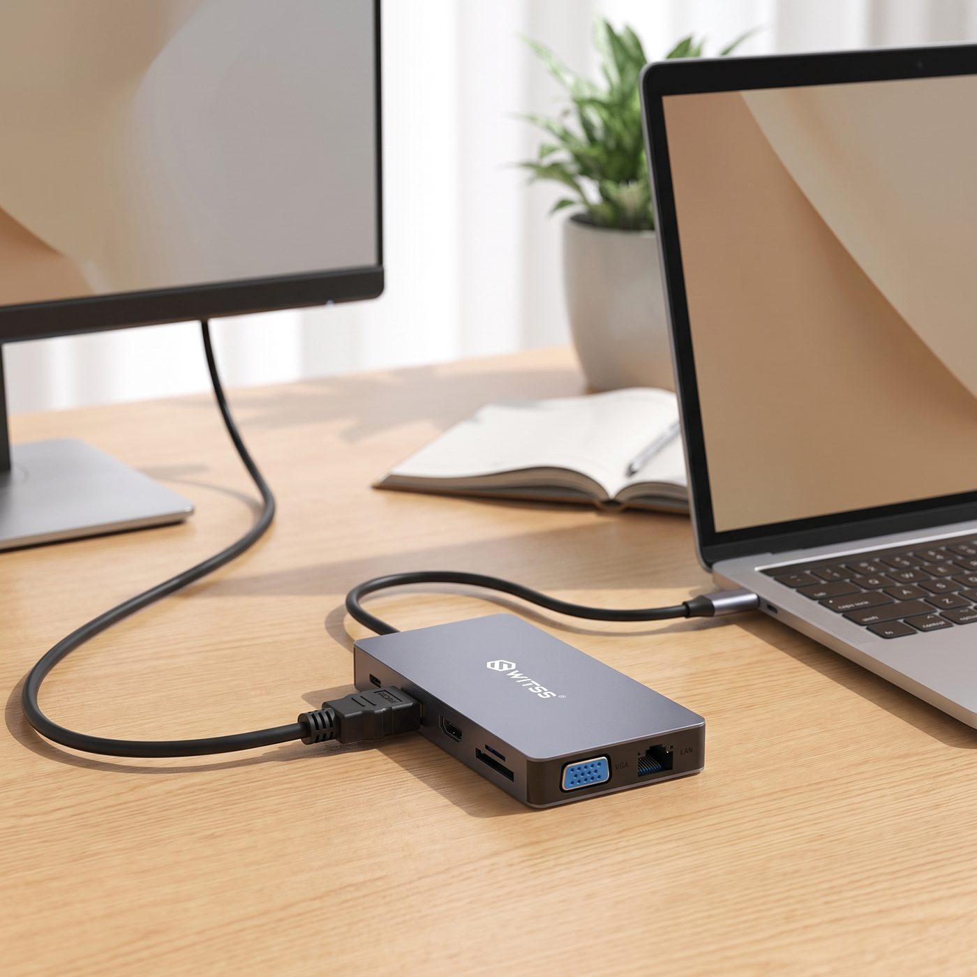 MacBook with the Switss® 12-in-1 hub connected to one external monitor via HDMI