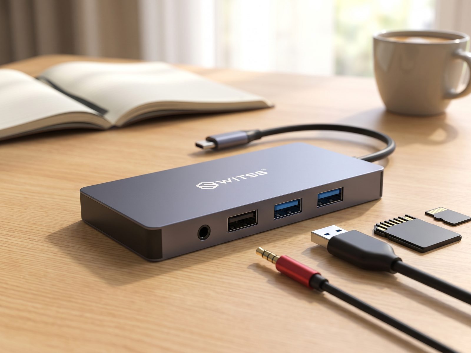 Audio jack and three USB-A ports on the Switss® 12-in-1 hub, with an SD and microSD card beside it