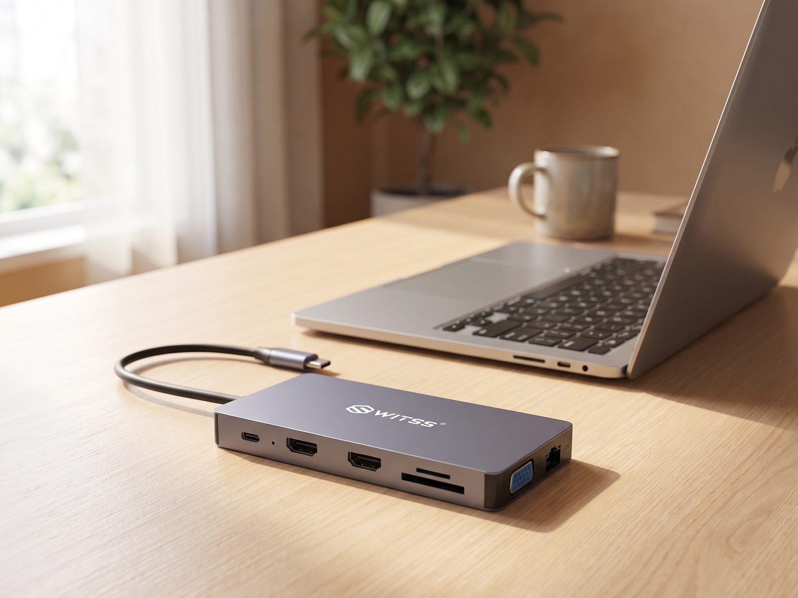 Switss® 12-in-1 hub with WITSS logo on a desk next to a laptop, ready to use on Windows and Mac
