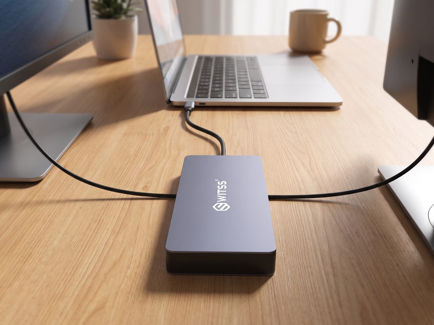 Switss® 12-in-1 hub connected to two external monitors next to a laptop, three screens at once