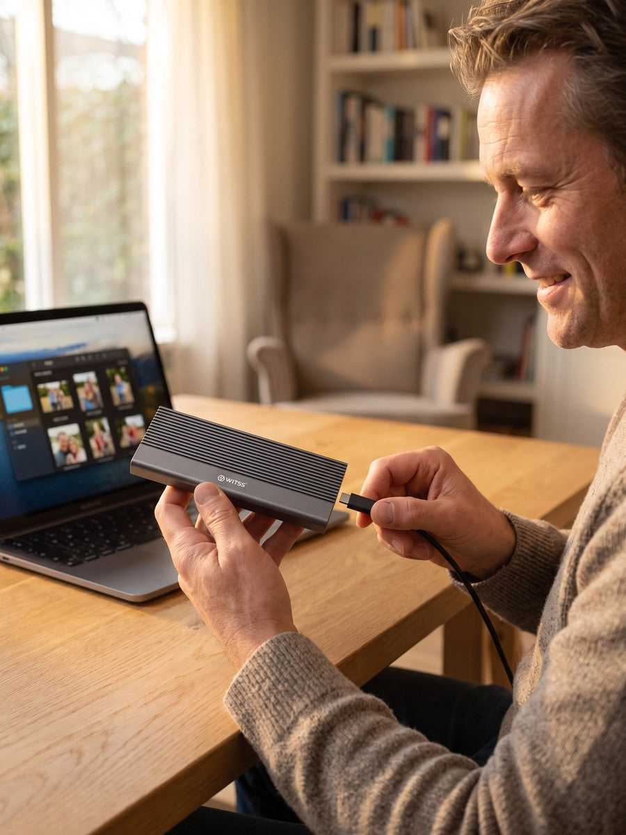 A man connects the Switss M.2 enclosure to his laptop via USB-C