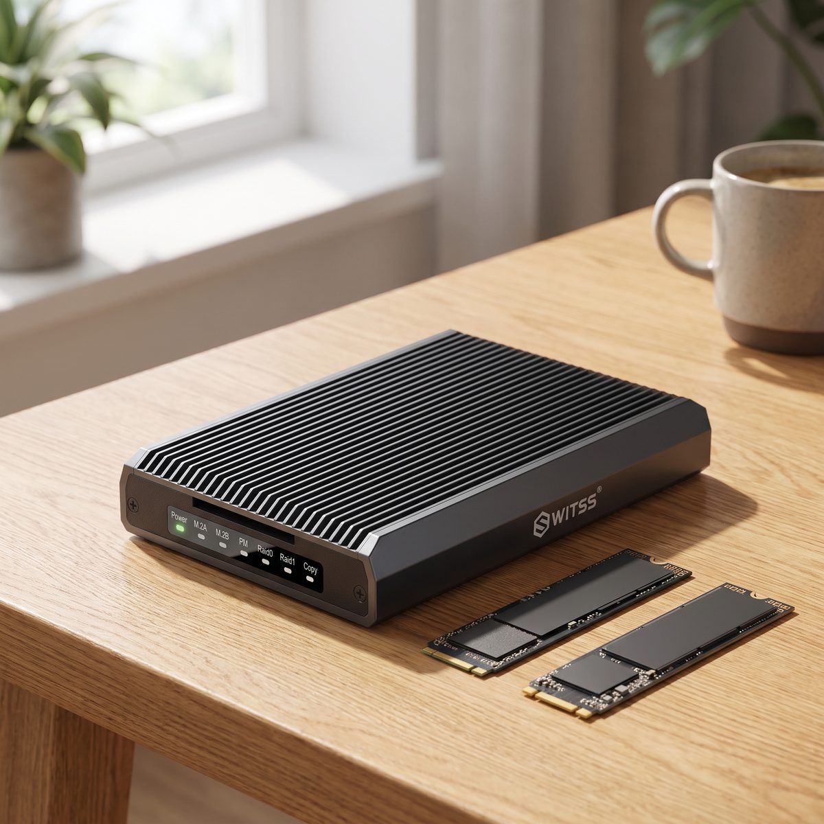 Switss® RAID Dual-Bay enclosure on a desk with two separate M.2 SSDs (NVMe and SATA) next to it