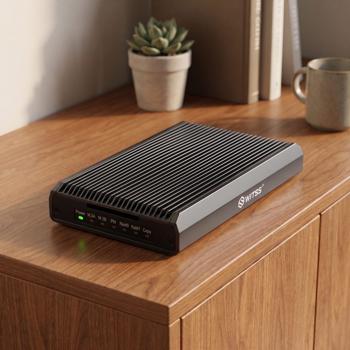 Switss® RAID Dual-Bay enclosure standing alone on a sideboard, no computer, with a legible label row and a green power LED