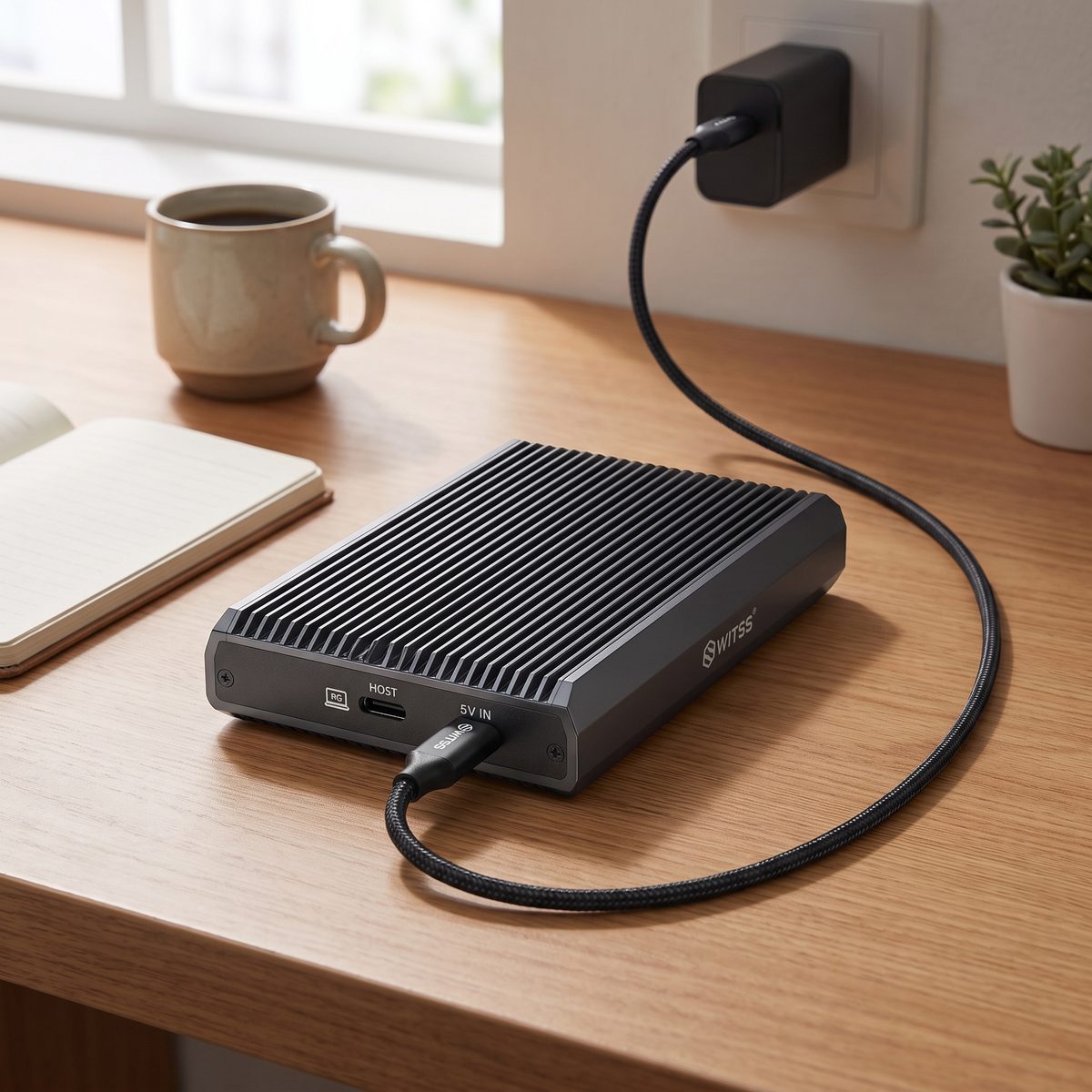 Back panel of the Switss® RAID Dual-Bay enclosure with a USB-C charger connected to the 5V IN port for SSDs up to 2× 8 TB