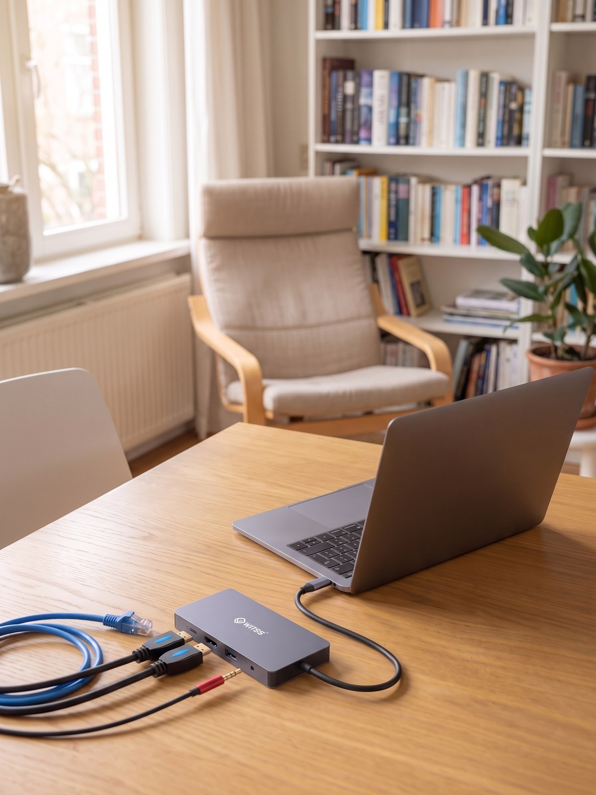 The Switss 12-in-1 hub on a desk, connected to a laptop via a single USB-C cable