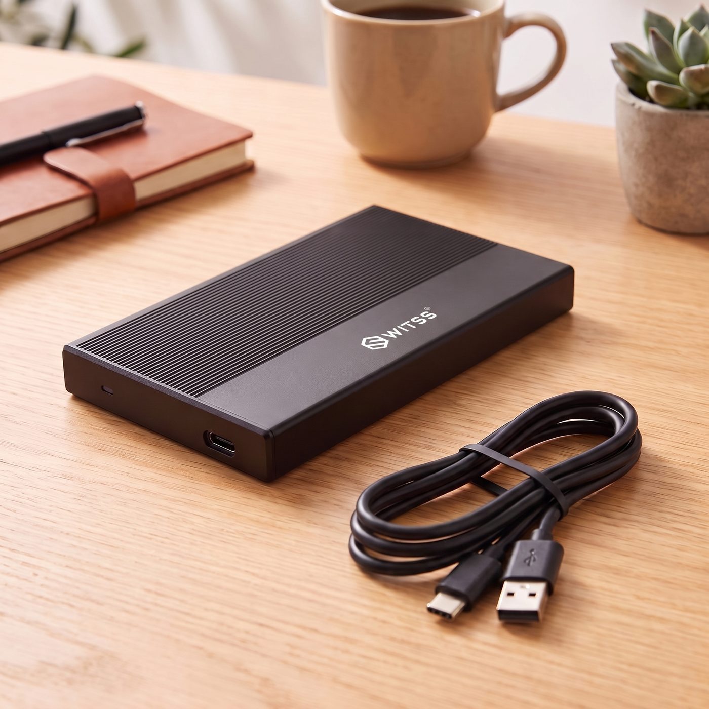 Included cable with USB-C and USB-A connector next to the black enclosure