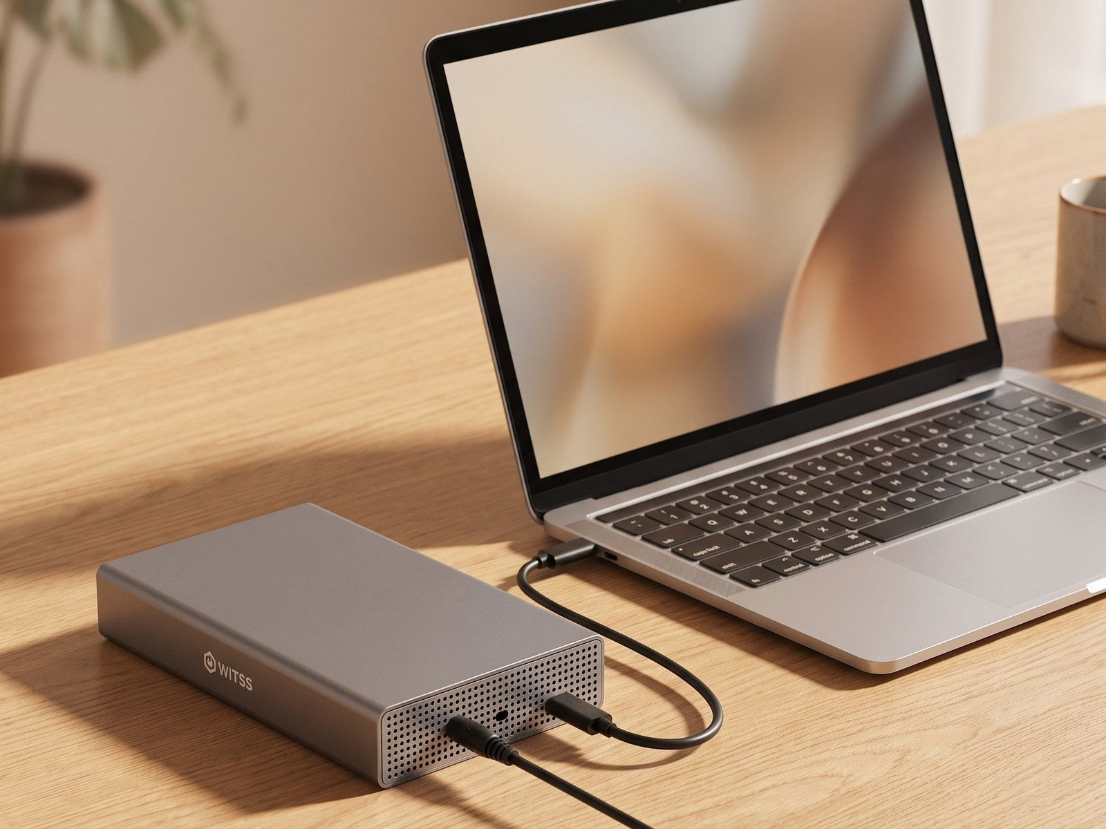Power adapter connected to the Switss enclosure for a 3.5 inch drive