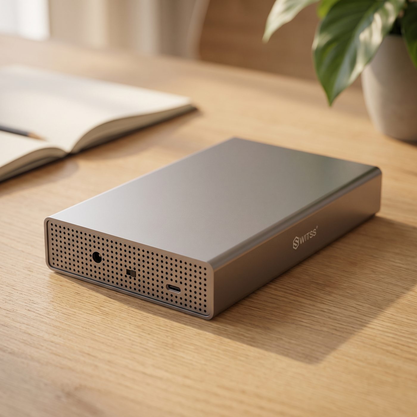 Aluminium enclosure close-up, perforated cooling panel visible
