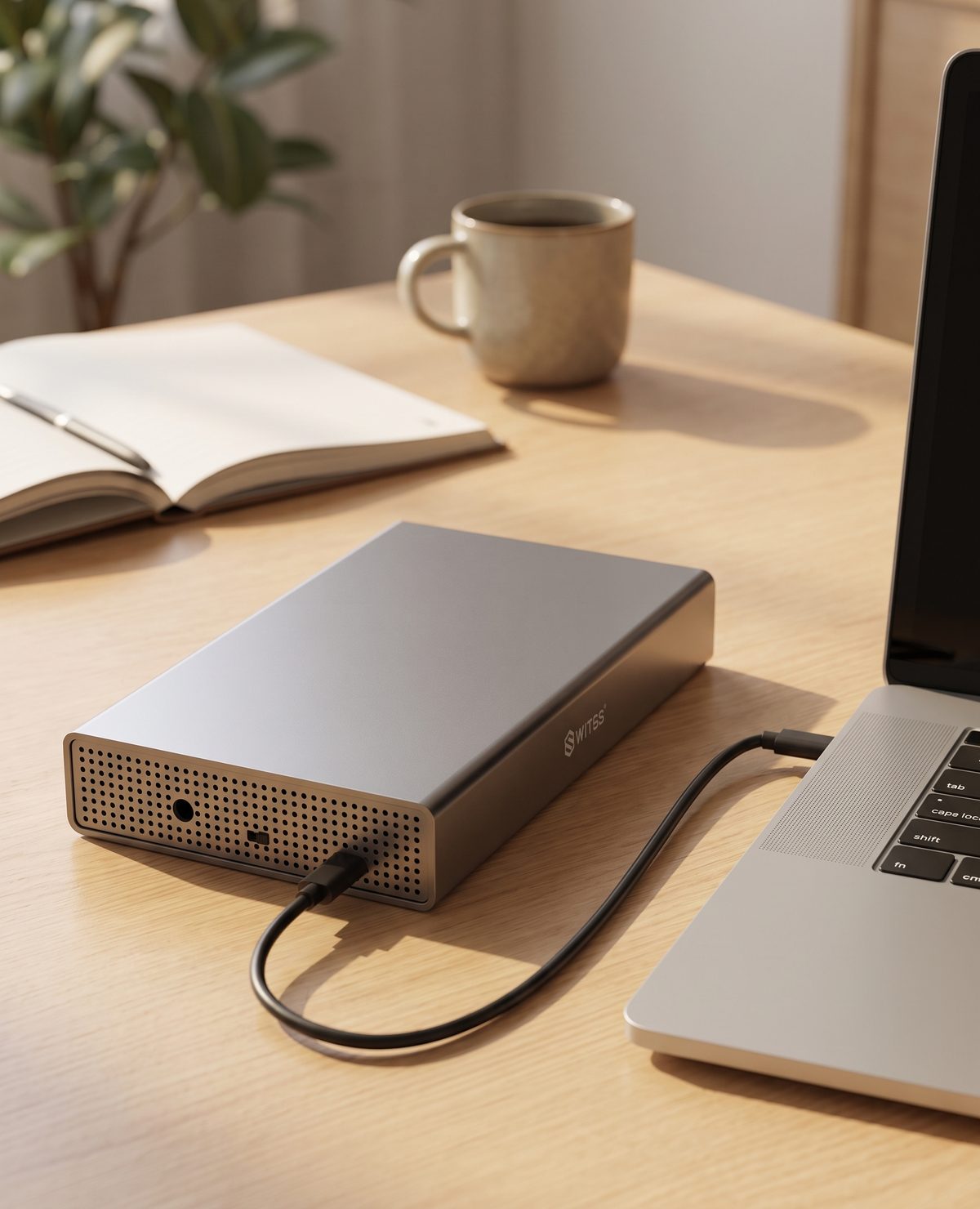 Switss® 3.5 inch enclosure on a desk, with a USB-C cable connected to a laptop