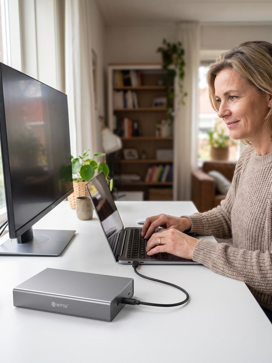 A woman works at a desk with a laptop and monitor, the 3.5 inch enclosure beside it
