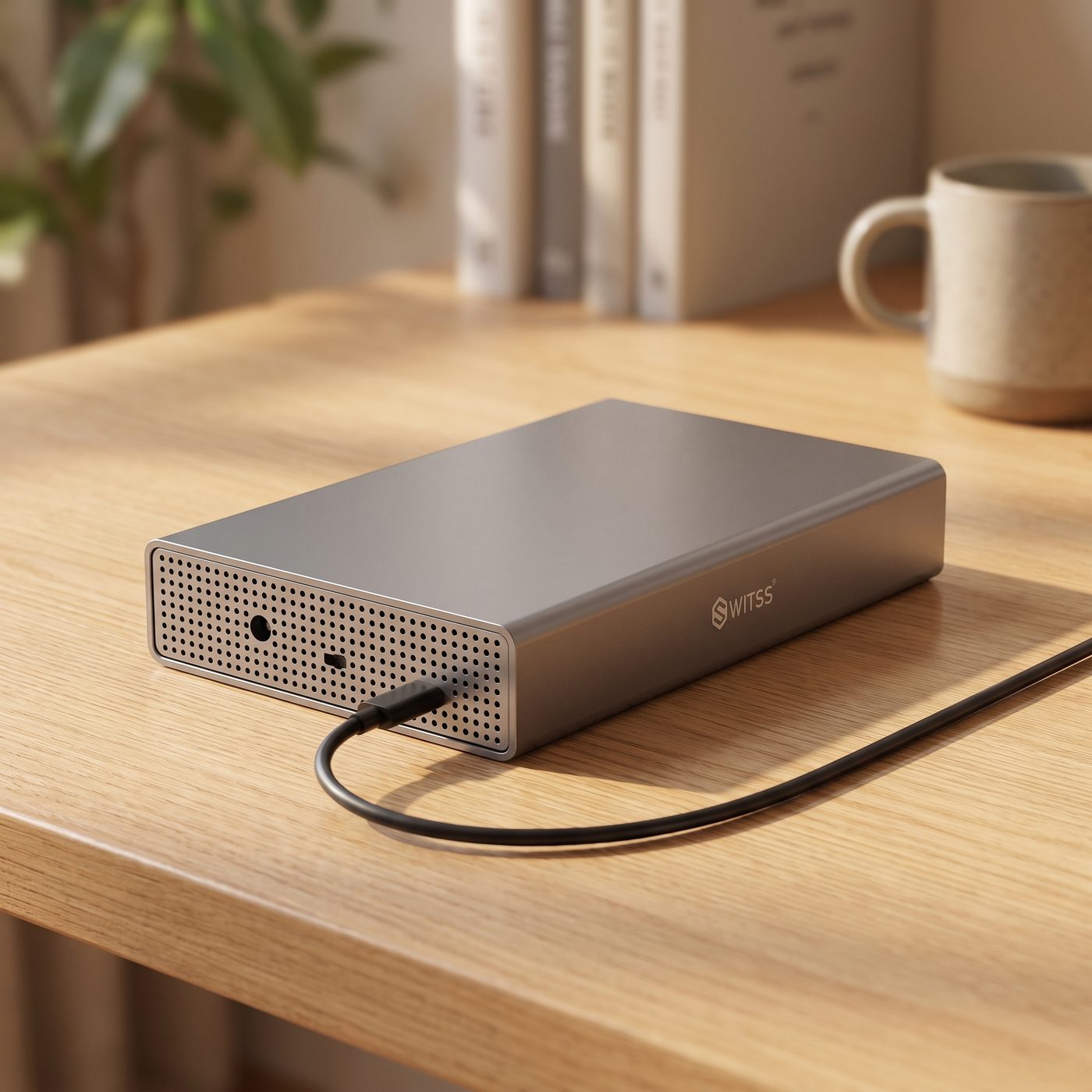 Switss® 3.5 inch enclosure with USB-C connector at the front, close-up