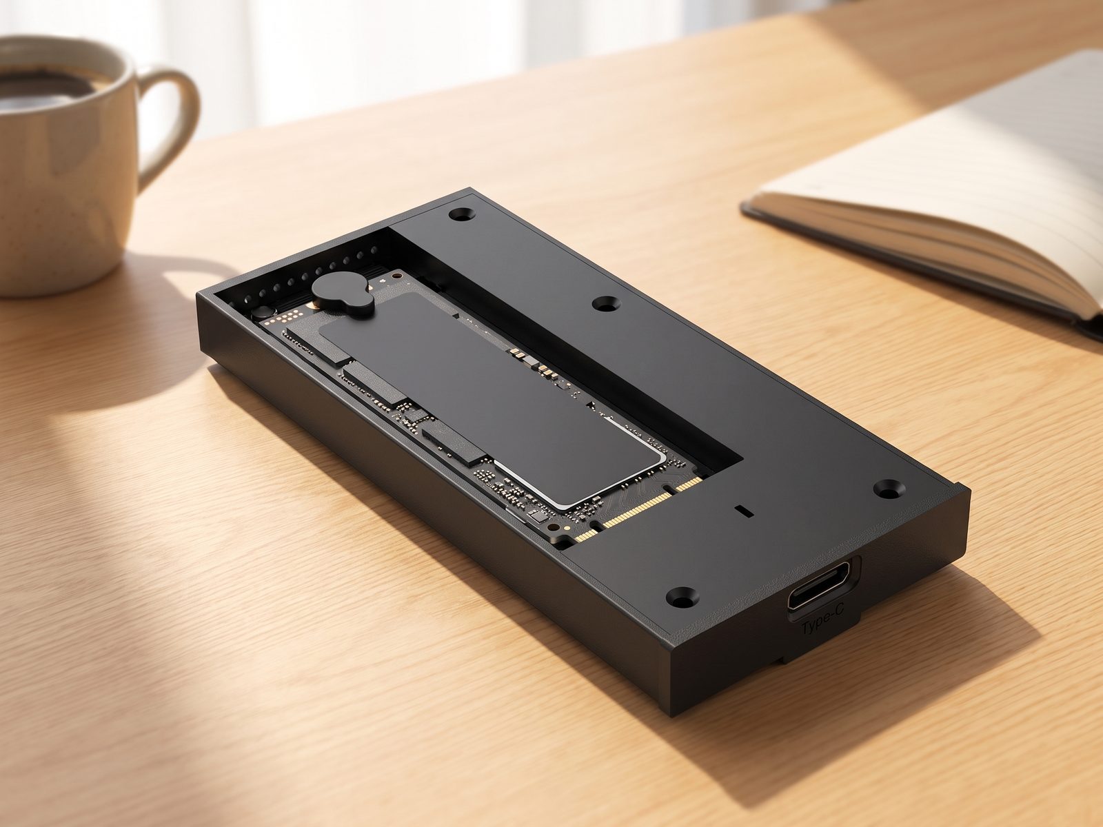 Open enclosure with an M.2 SSD fitted in the slot, secured with a retention clip
