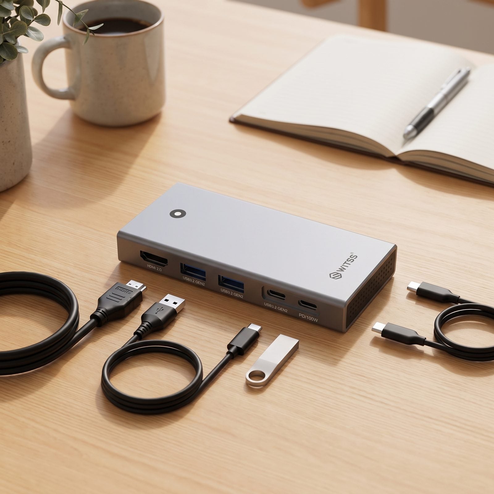Switss® 5-in-1 USB-C dock with all included accessories (HDMI cable, USB-A cable, two USB-C cables, USB stick)