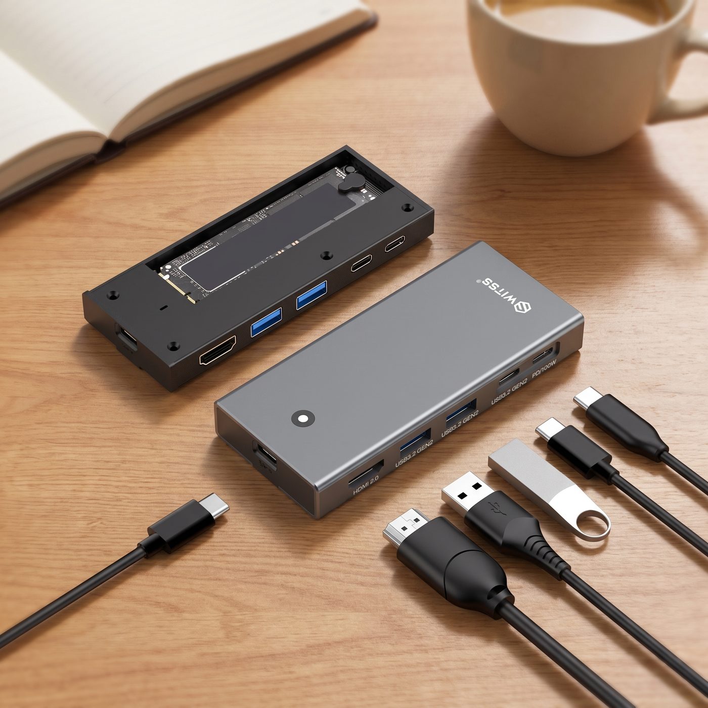 Switss® dock and opened M.2 SSD enclosure with cables on a desk, ready for plug-and-play use on Windows, macOS, Android and Linux