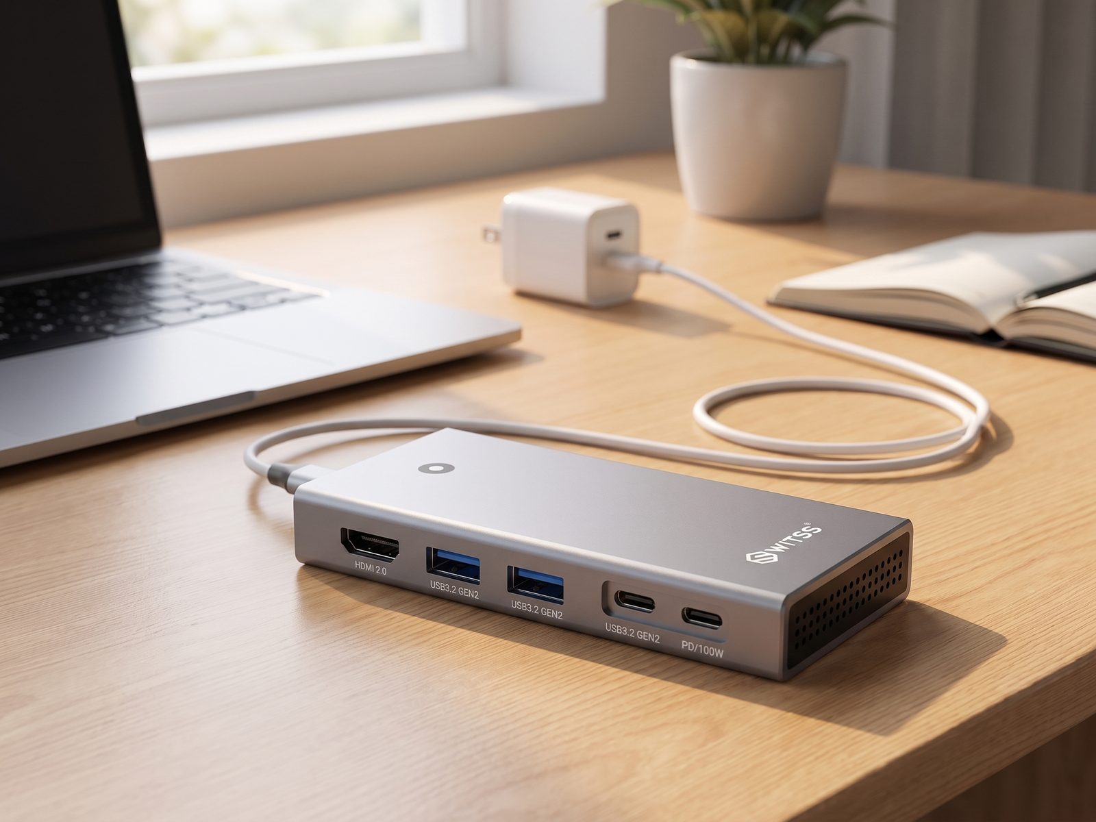 Switss® dock with a white USB-C charging cable from a charger, PD port passes power through during use