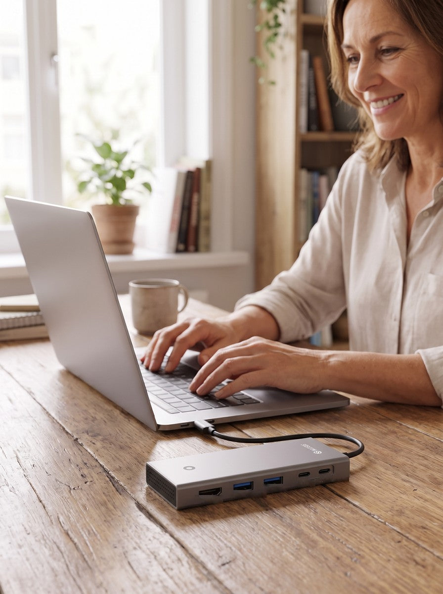 A woman plugs a USB stick into the dock next to her laptop