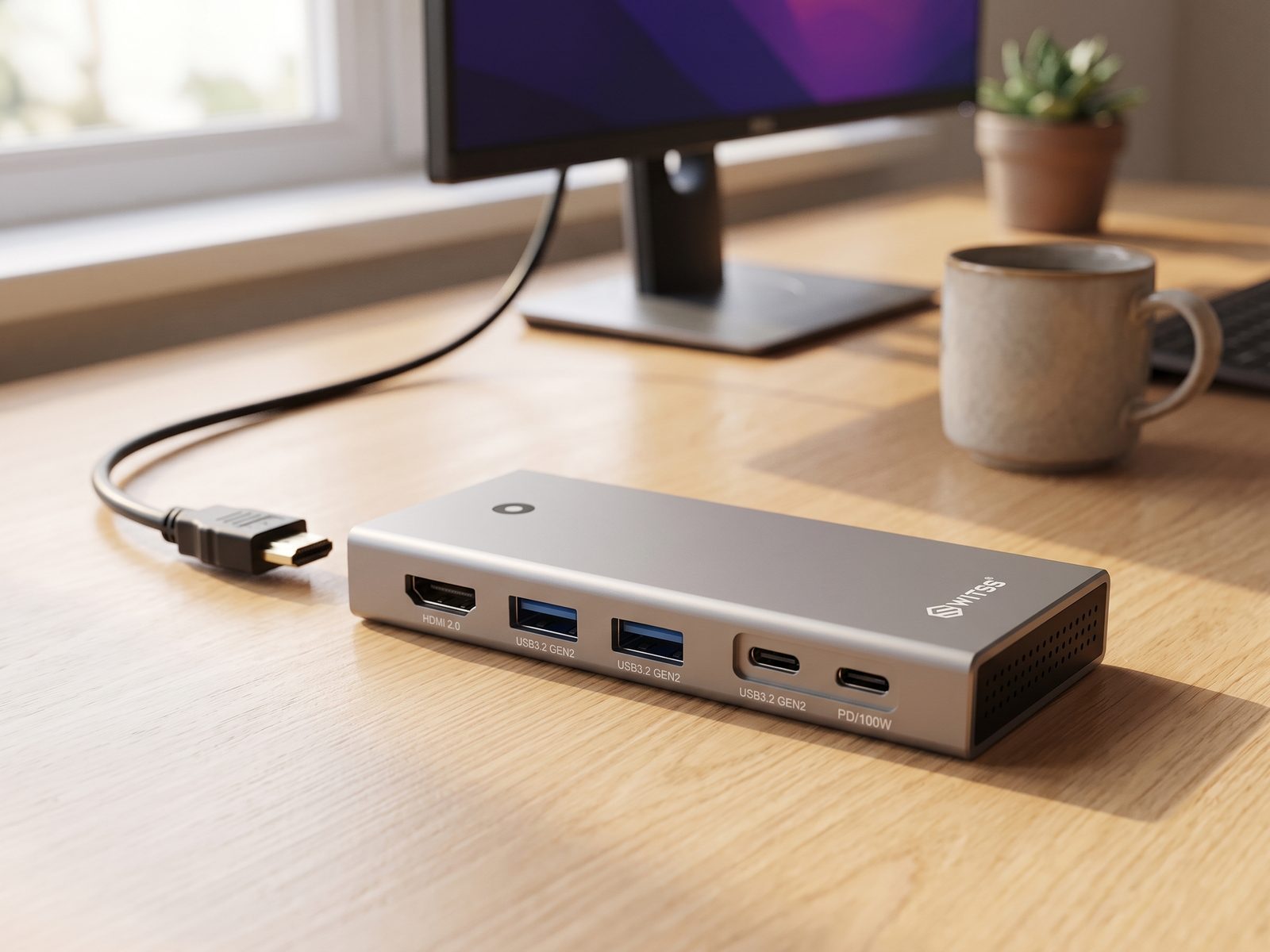 Switss® dock on a wooden desk, front edge showing the HDMI 2.0, 2x USB-A and 2x USB-C ports