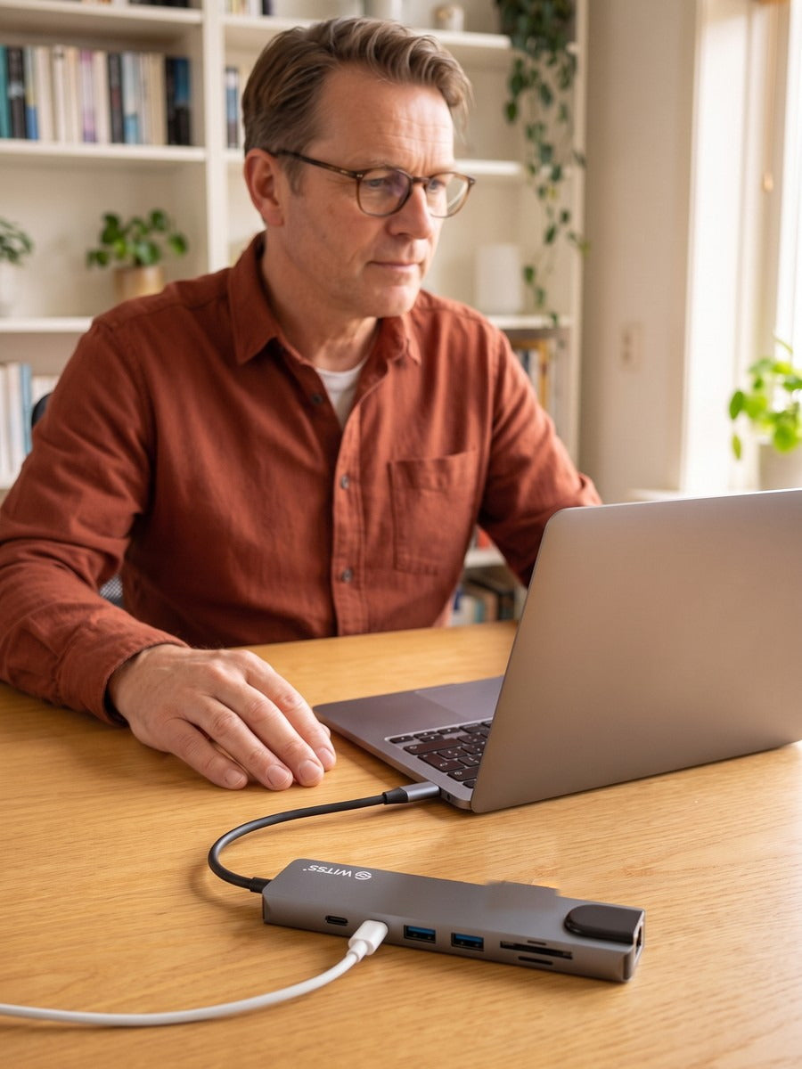 Laptop die oplaadt via de USB-C PD-poort van de Switss® hub