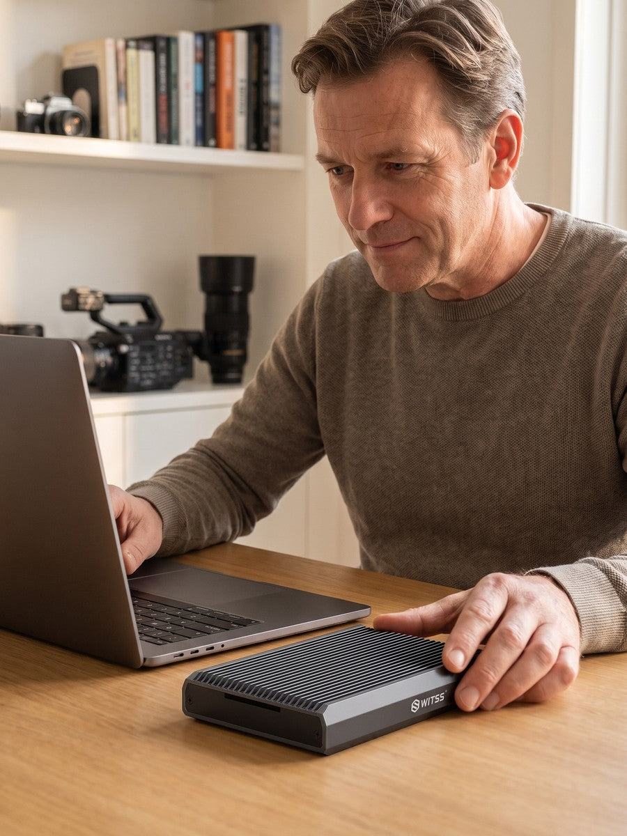 A man archives video projects with the RAID enclosure next to the laptop