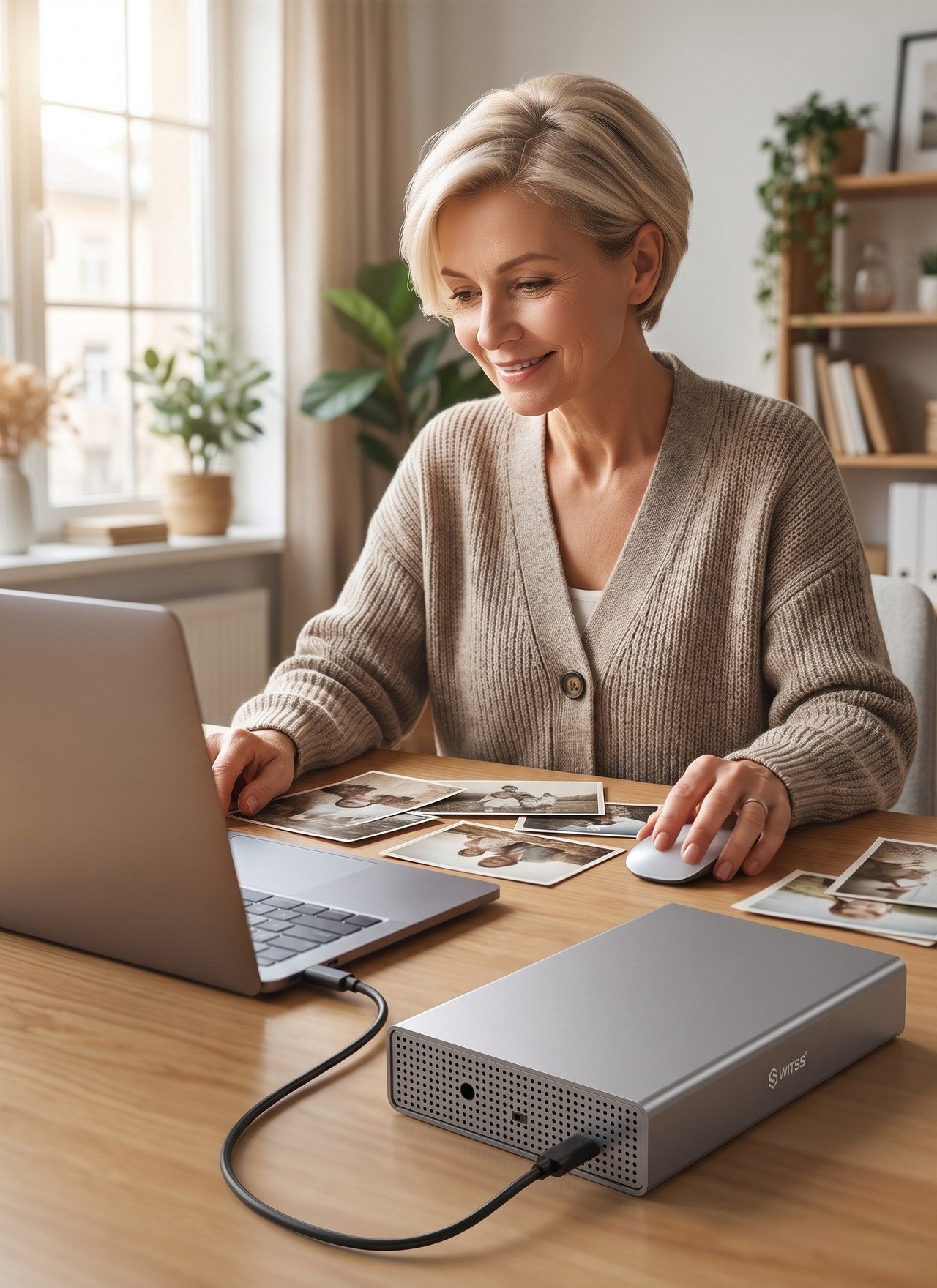 Iemand zet oude fotoafdrukken veilig op een Switss® 3,5 inch HDD behuizing naast een laptop