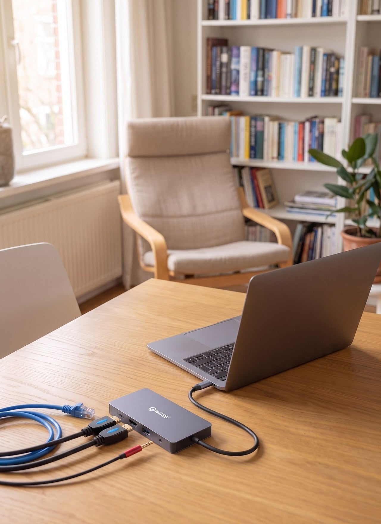 Switss® USB-C hub aangesloten op een laptop op een bureau in een thuiskantoor