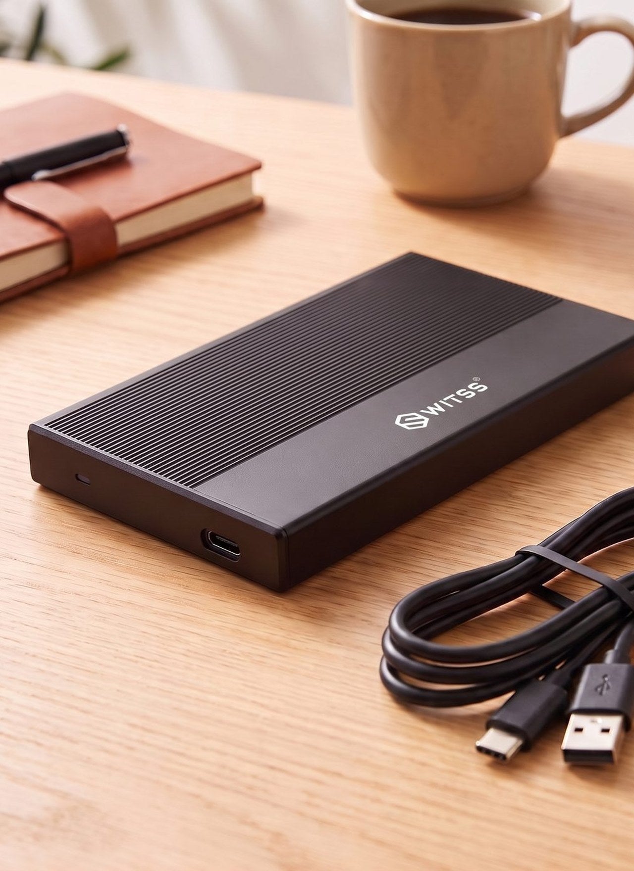 Switss® 2,5 inch SSD-behuizing met een USB-C-kabel op een bureau