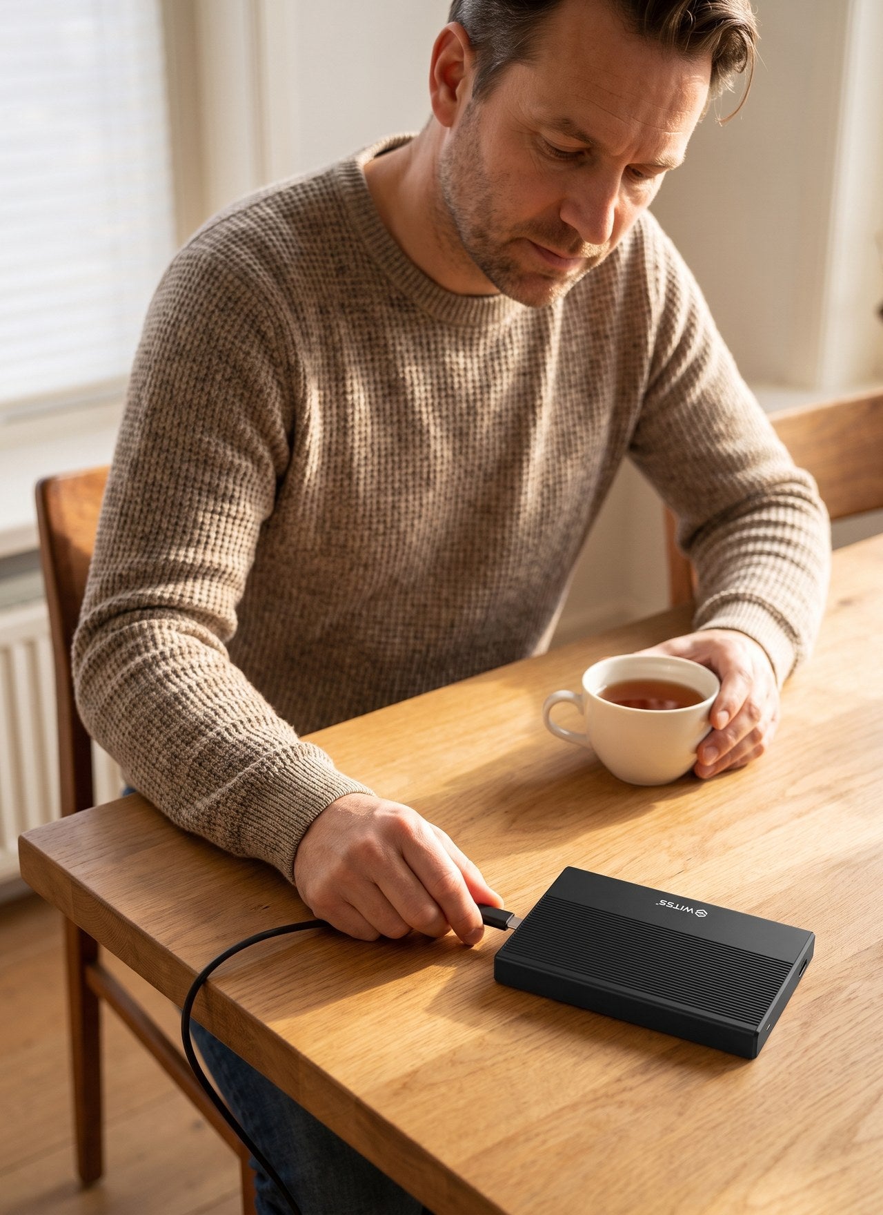 Iemand sluit een Switss® 2,5 inch SSD behuizing aan op een laptop