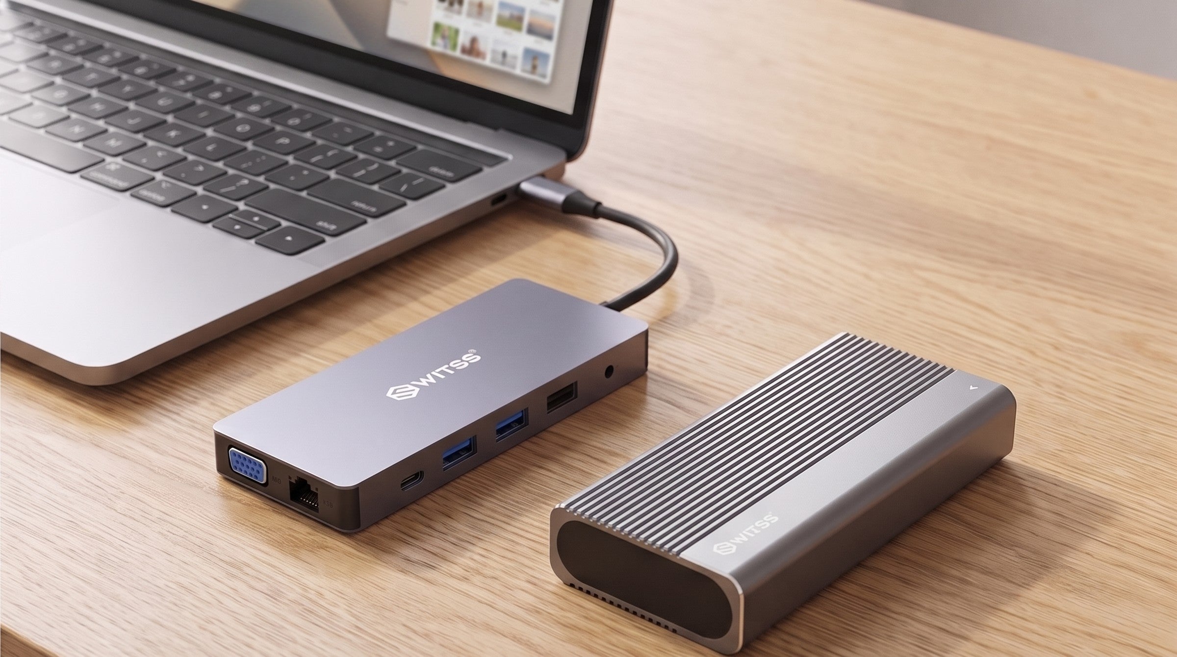 Switss® bureau met laptop, USB-C hub en M.2 SSD-behuizing