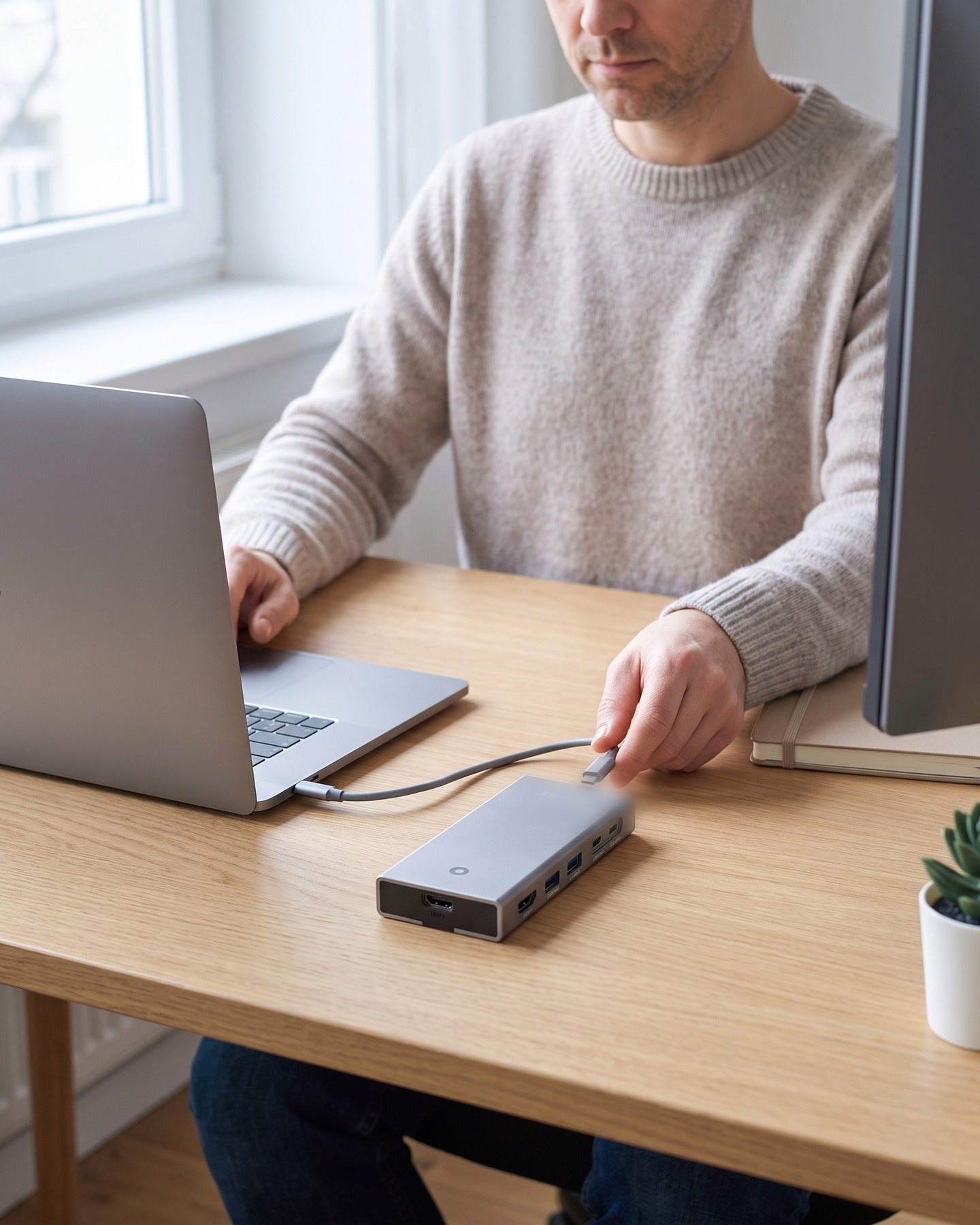 Thuiswerkplek aangesloten via de Switss® 5-in-1 dockingstation met één USB-C kabel