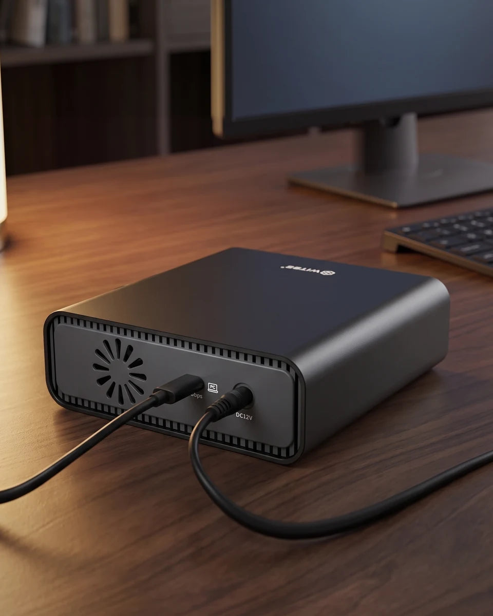 De Switss 4-Bay M.2 behuizing van achteren op een houten bureau, met de USB-C-kabel en de stekker van de stroomadapter aangesloten, naast een beeldscherm en een toetsenbord