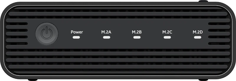 Front view of the enclosure, 124 mm wide and 41 mm high, with the power button, the Power light and a light per SSD