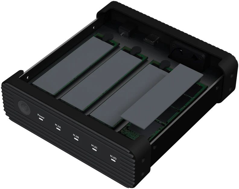 Tray with the SSDs fitted and a thermal pad on each SSD