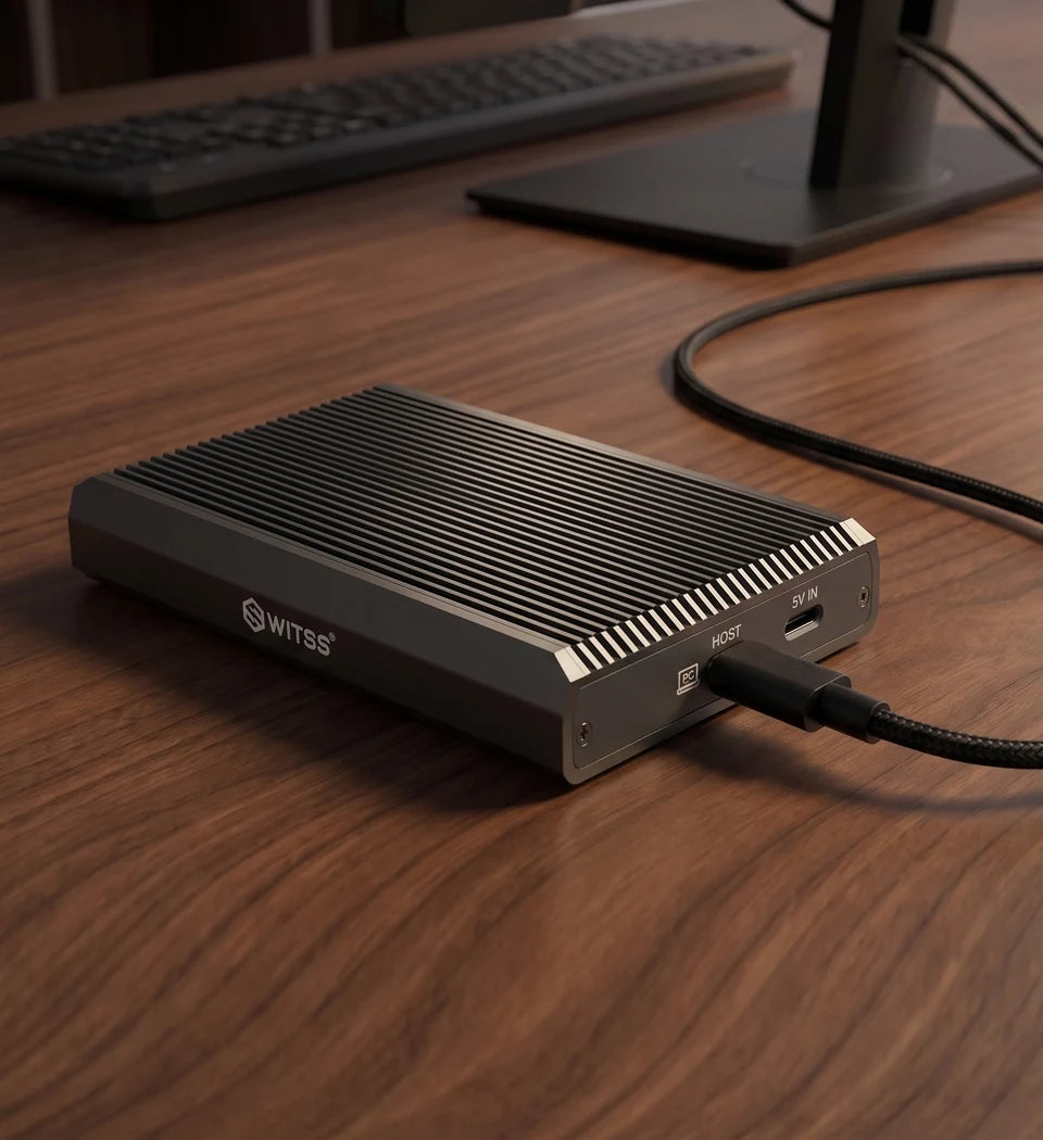 Switss® RAID dual-bay behuizing op een walnoten bureau bij een vaste computer, met de USB-C kabel aangesloten