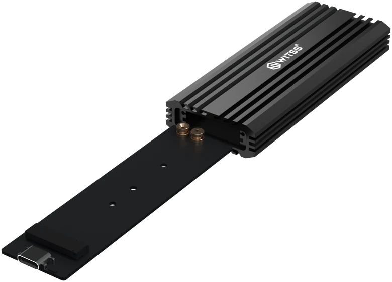 Enclosure with the tray slid halfway out at the USB-C end