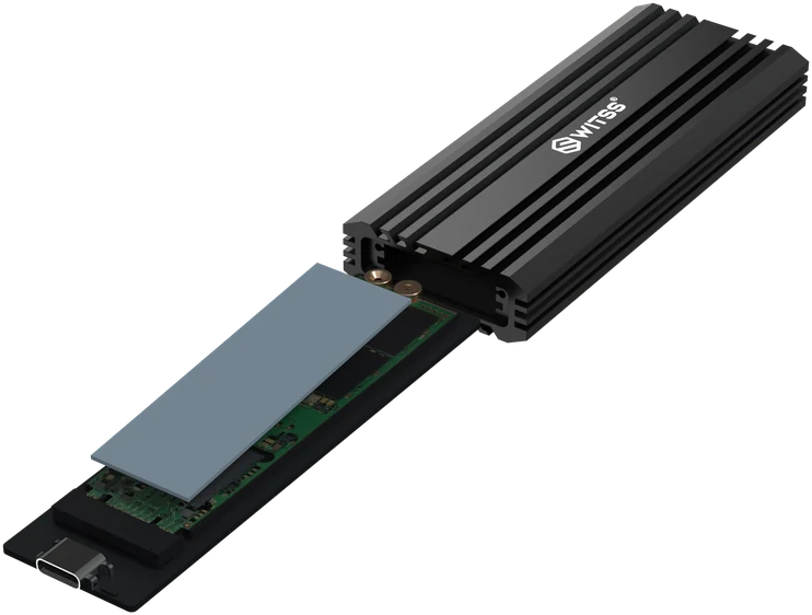 Tray with the thermal pad on the SSD, ready to slide back into the enclosure