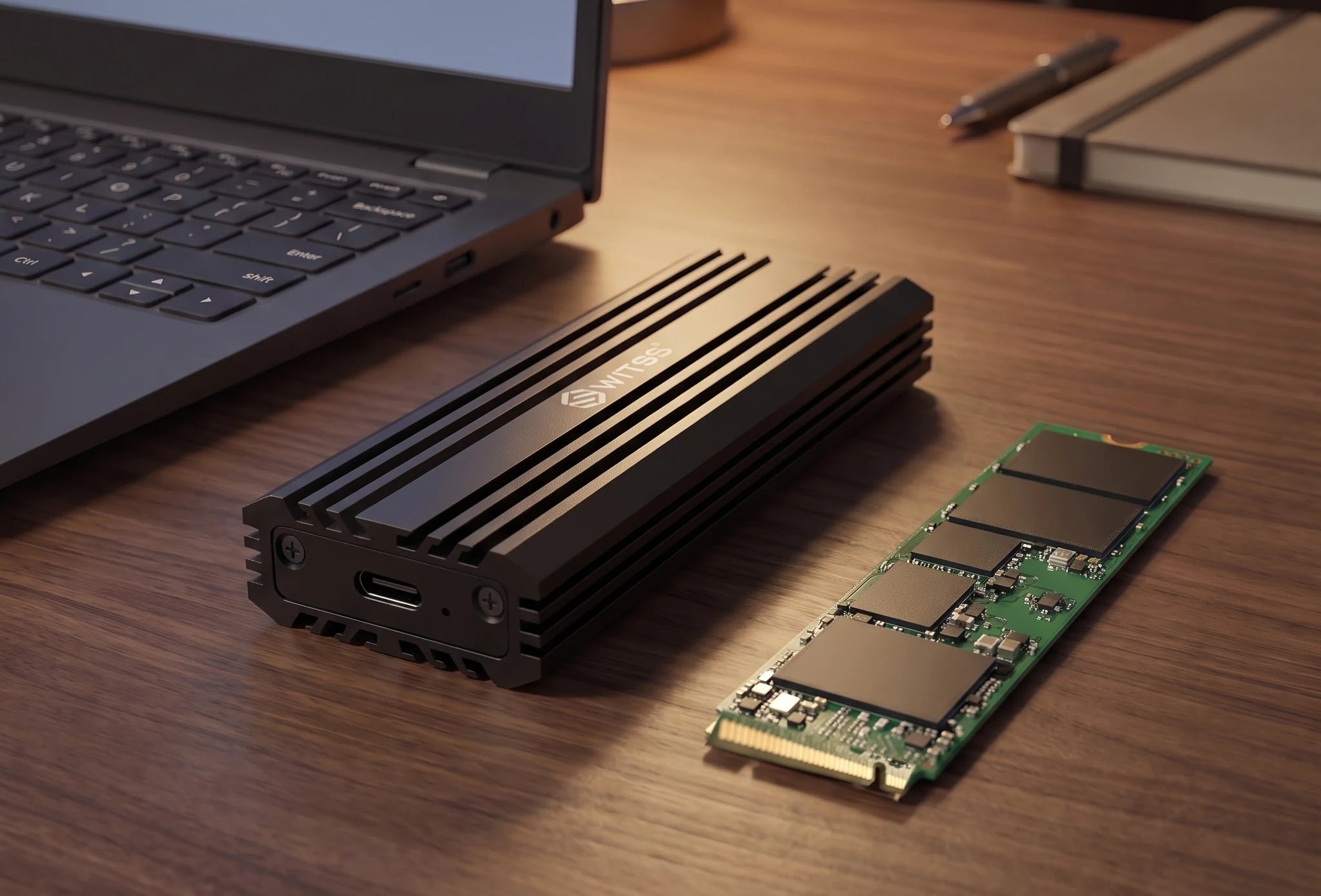 The Switss M.2 enclosure on a wooden desk, with a bare M.2 NVMe SSD beside it and a laptop in the background