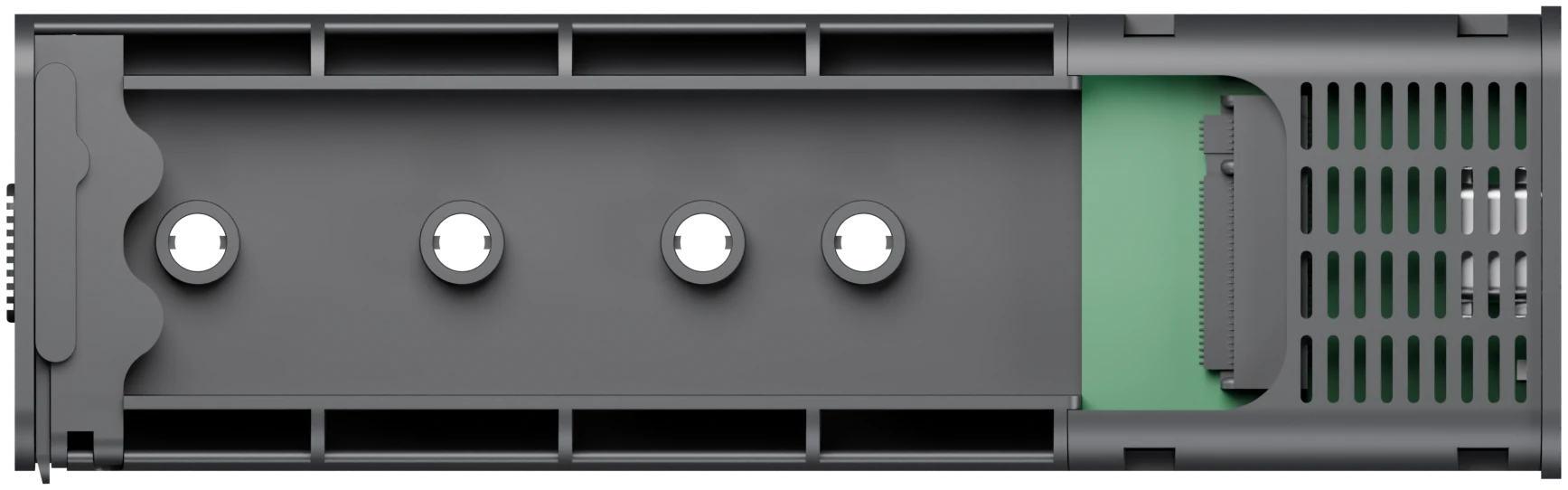 Top view of the tray with the plug positions for 2230, 2242, 2260 and 2280