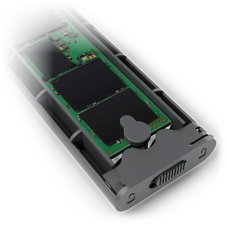 Close-up of the silicone plug holding the SSD in the tray