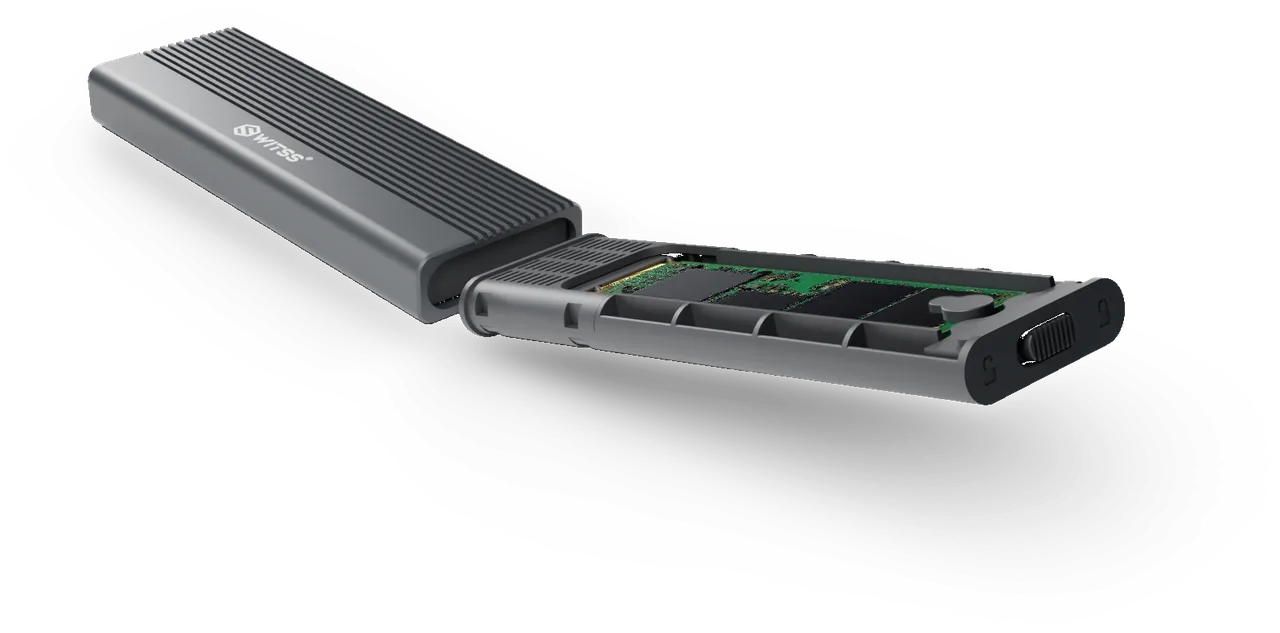 Tray with SSD sliding back into the enclosure at an angle