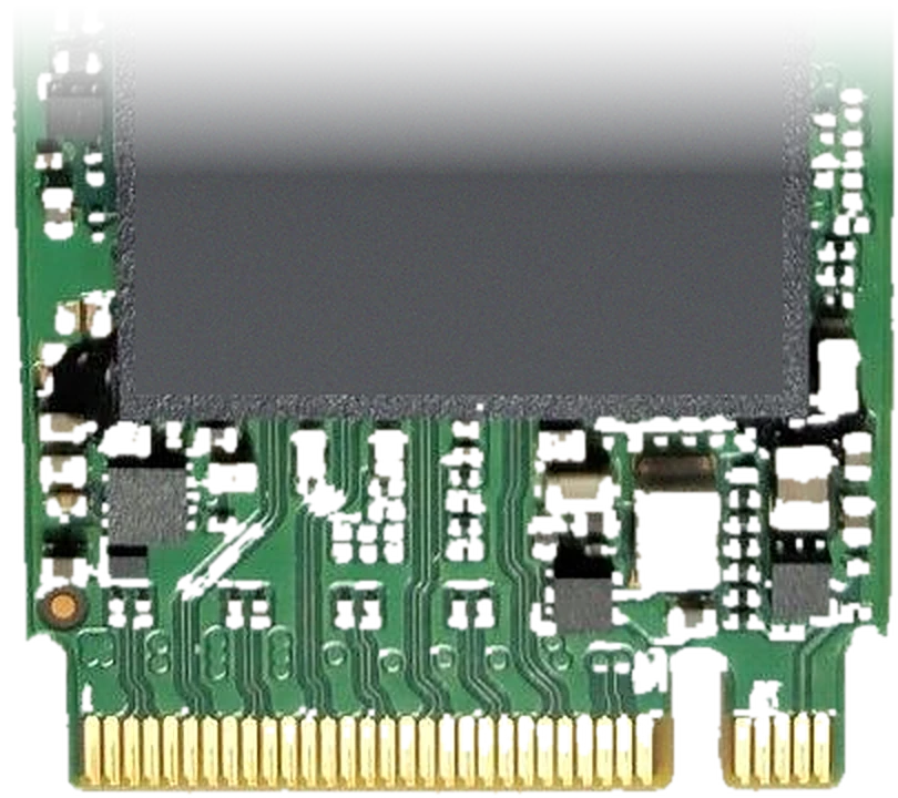 Connector edge of an M.2 SSD with the chips facing up, the gold edge facing down and the notch marked